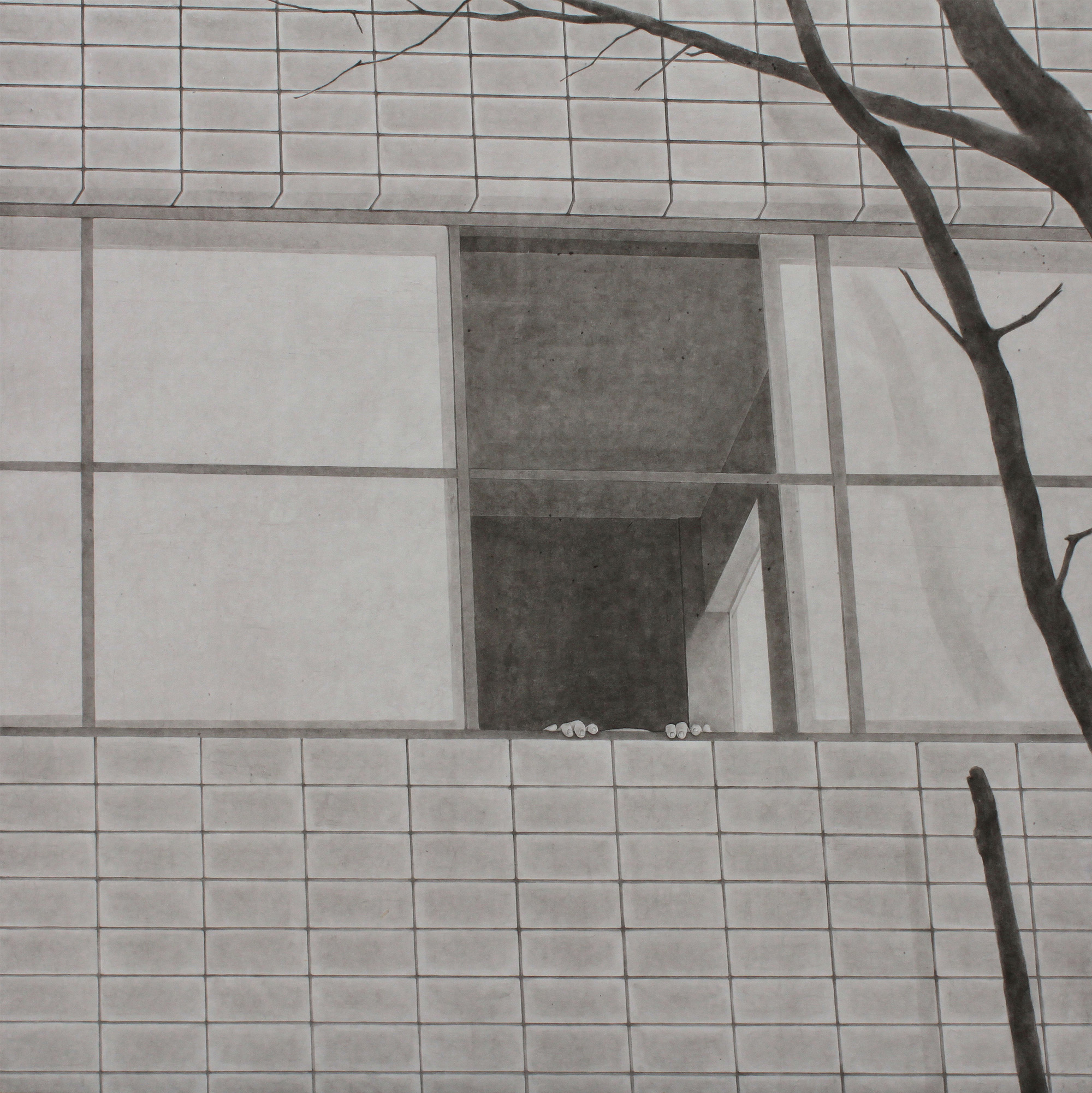 눈을 감아버리는 광경, 2018, 장지에 먹과 연필, 130×130 cm.