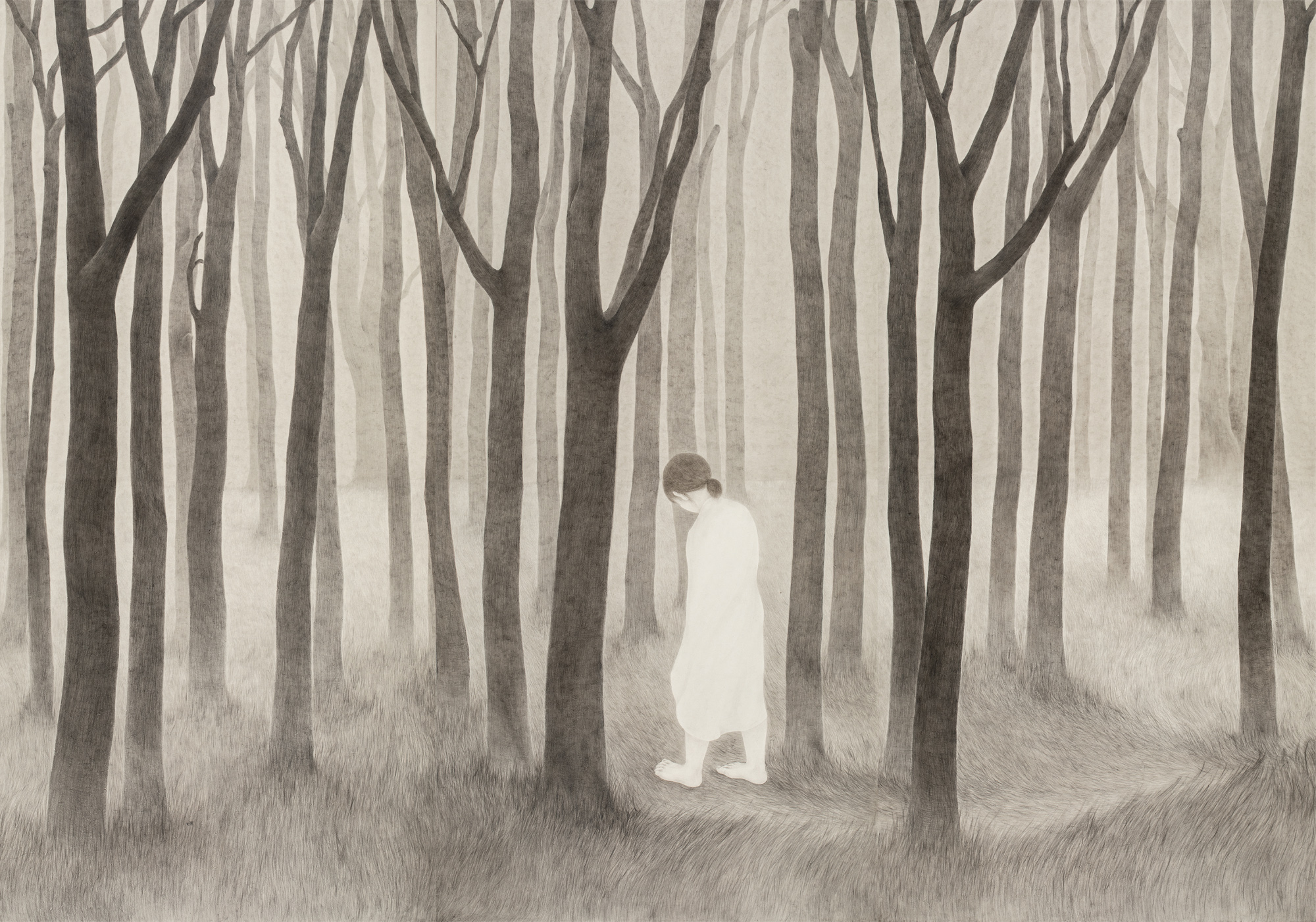 빛은 적막으로 드나들고 바람도, 나도 그 길을 따라나왔다., 2018, 장지에 먹과 연필, 220×315cm.