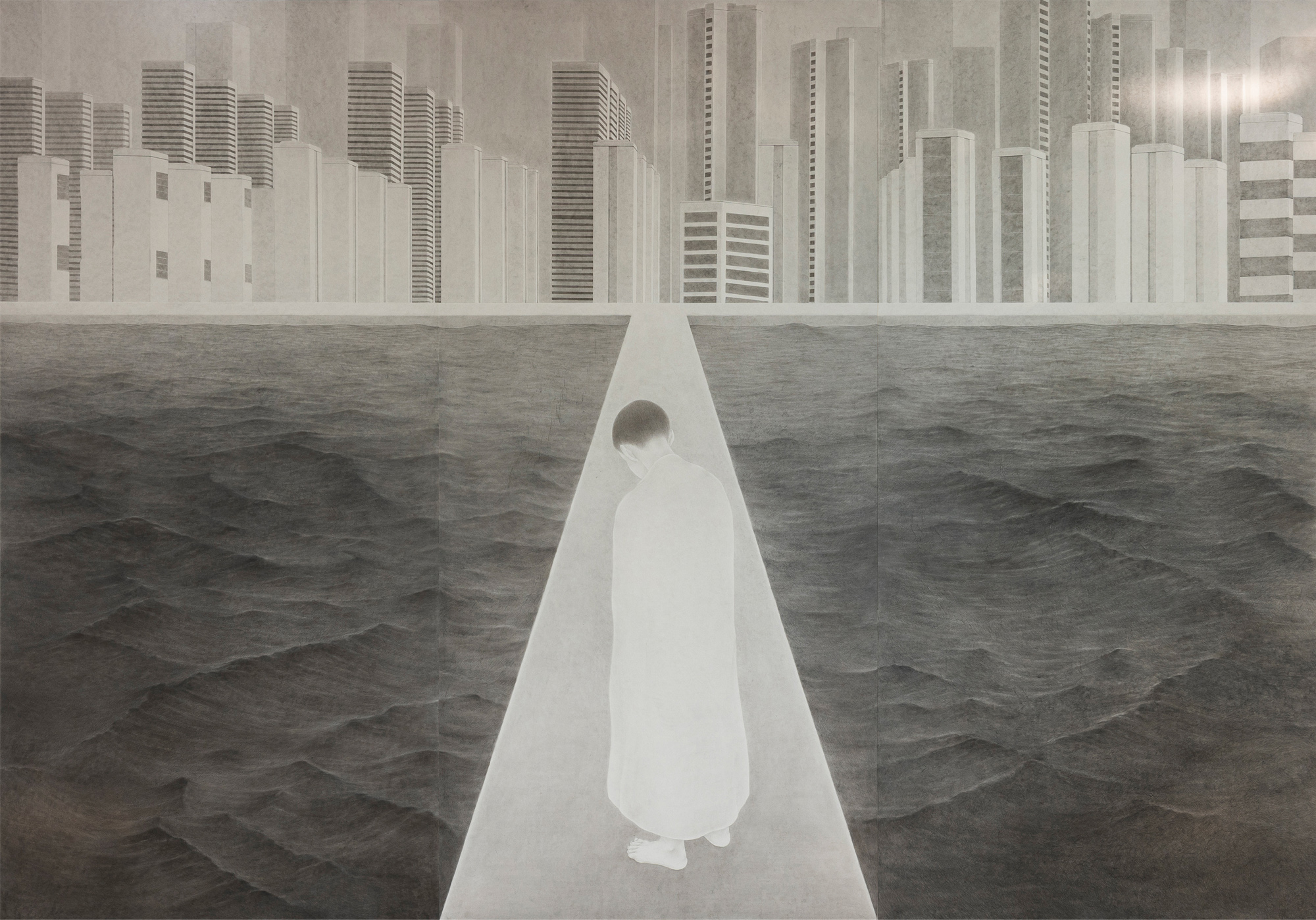 그곳에선 끝없는 바람소리만 들렸다. behind_scene10, 2018, 장지에 먹과 연필, 220×315cm.