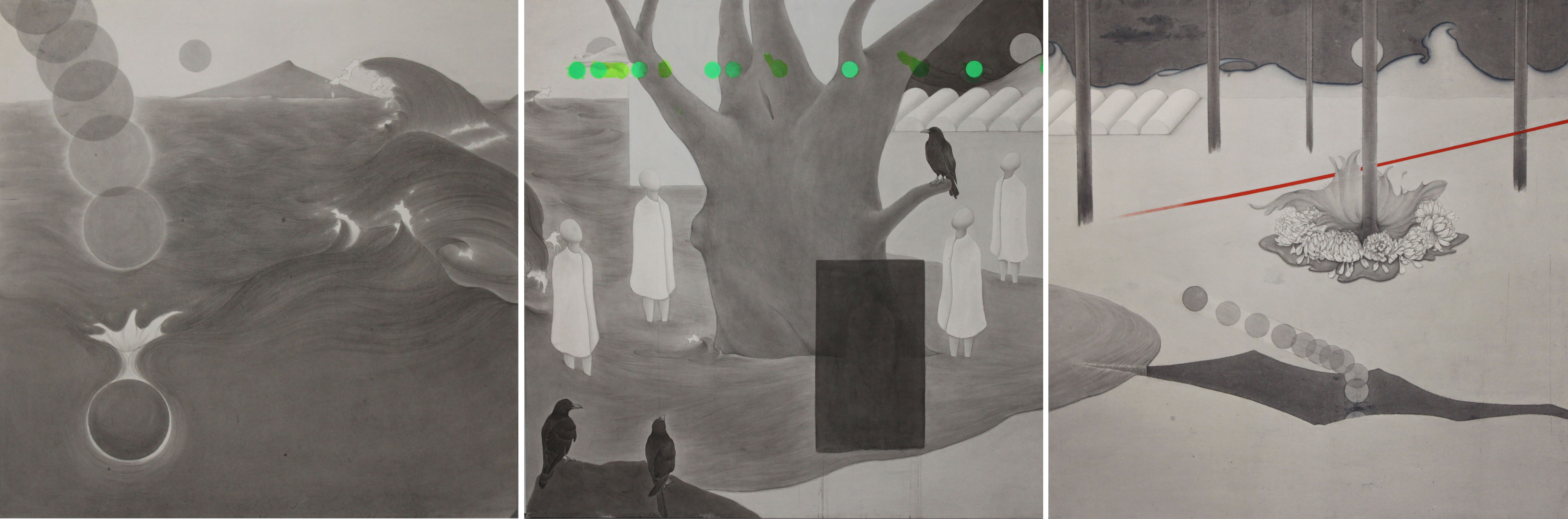 구가 있는 풍경, 2021, 장지에 먹과 스프레이, 130×360cm.