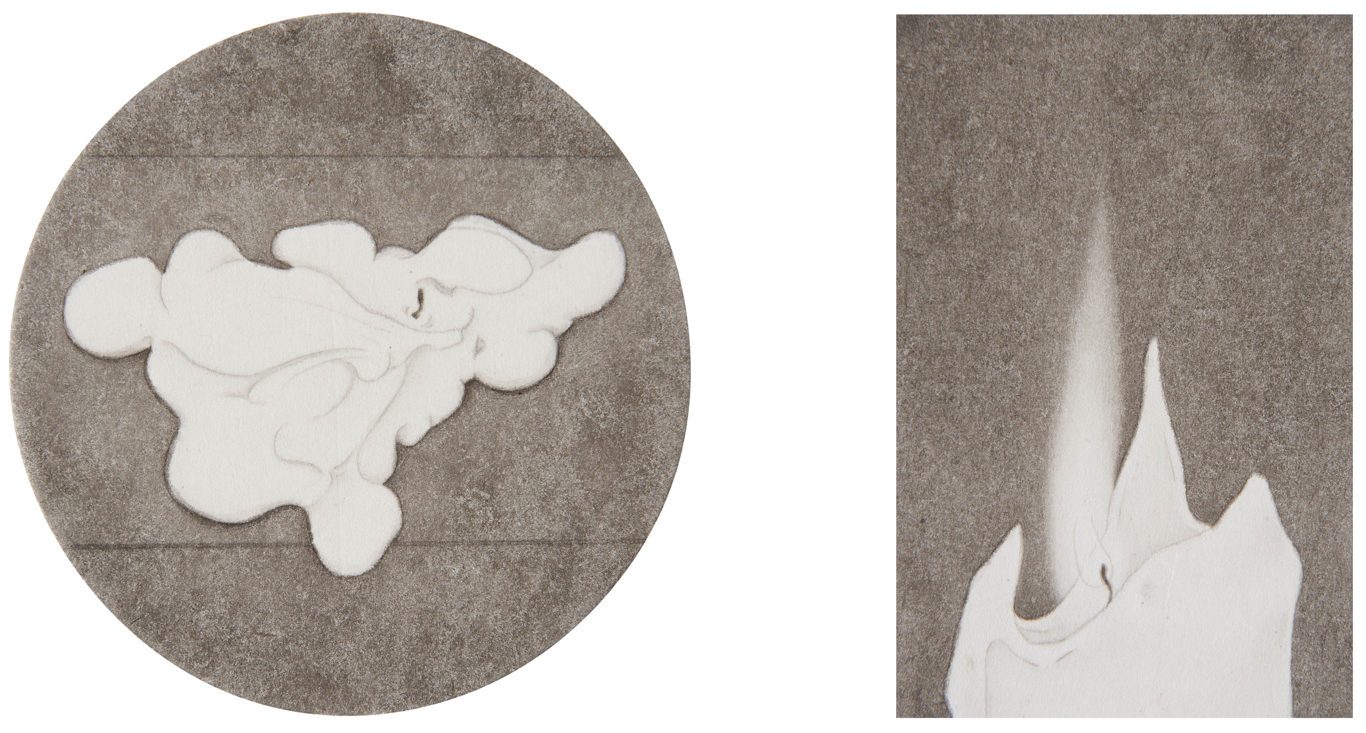 내려앉은 소원, 2024, 장지에 먹, 15×15cm. / 무병장수, 2024, 장지에 먹, 15×10cm.