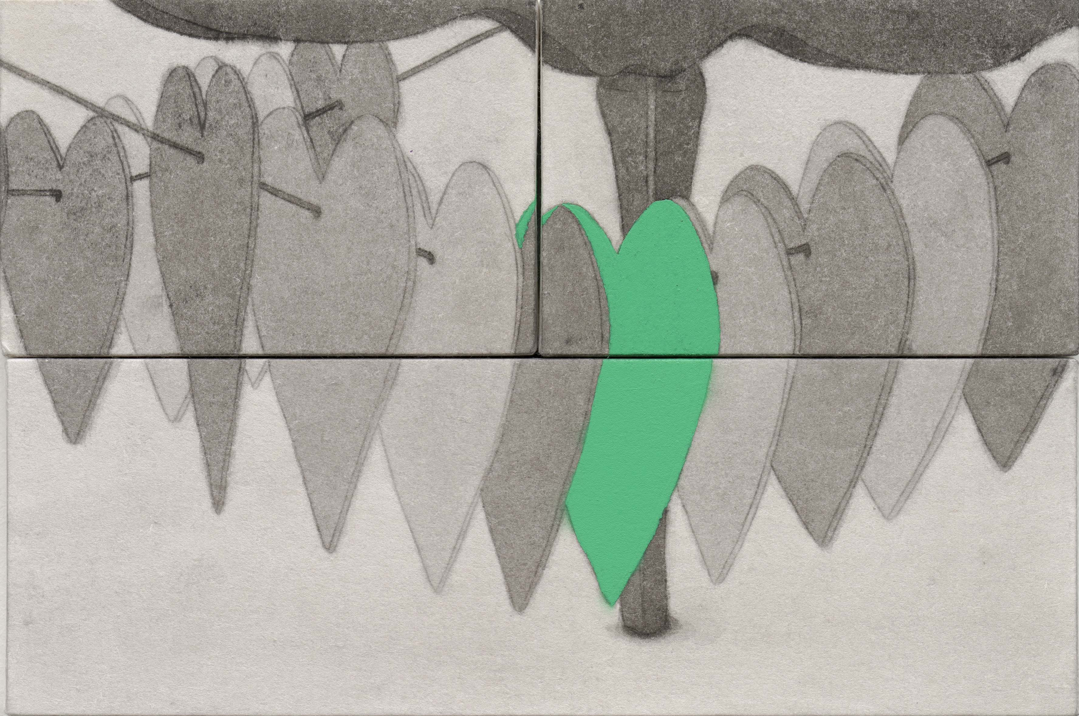 쪼개어지고 어긋난 하트, 2024, 장지에 먹과 스프레이, 총 20×30cm.