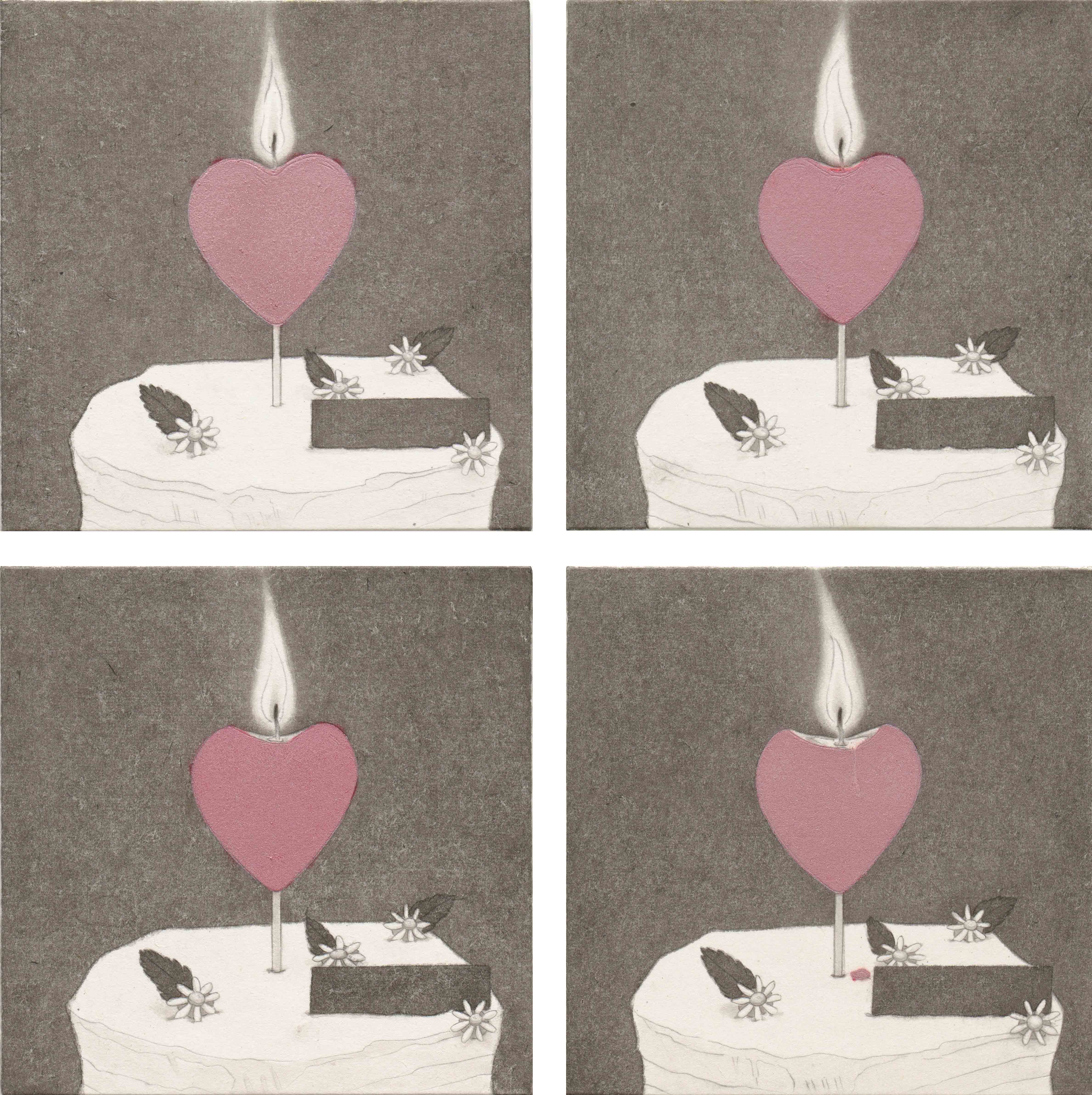 타들어가는 사랑, 2024, 장지에 먹과 스프레이, 각 20×20cm, 총 4점.