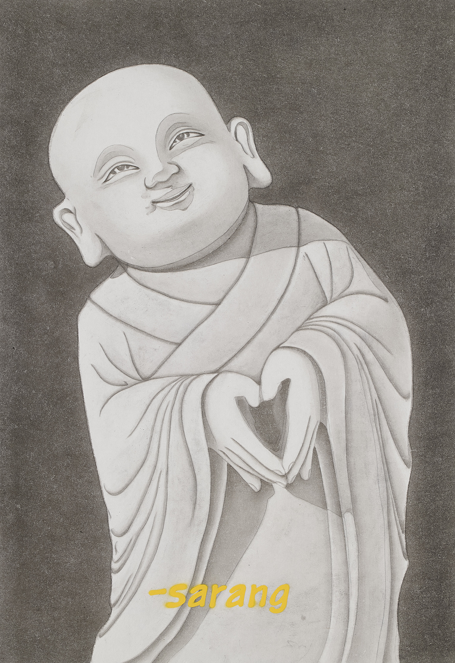 동자하트_sarang, 2024, 장지에 먹과 스프레이, 72.7×50cm.