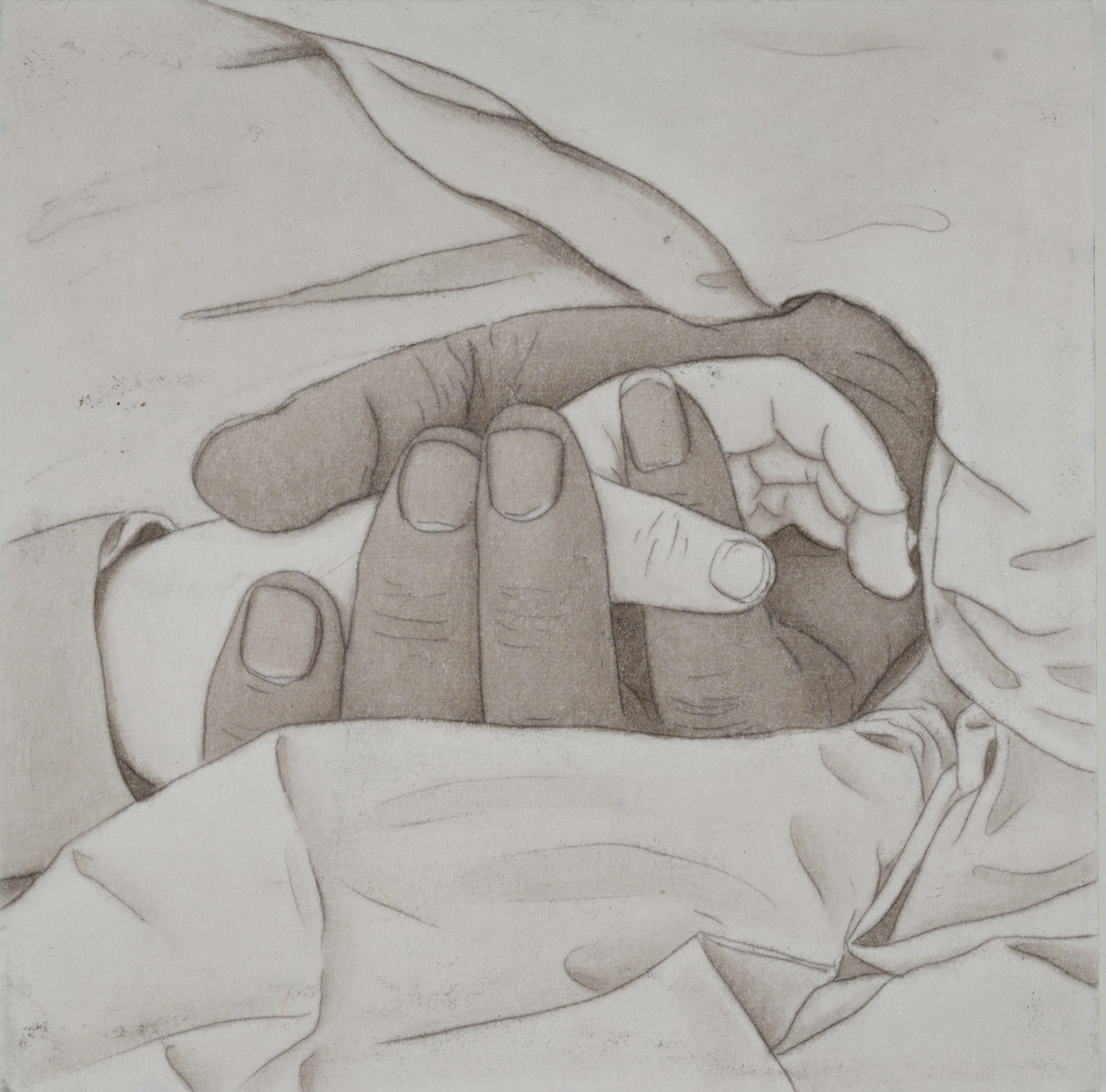 마주잡은 두 손, 2025, 장지에 먹, 24×24cm.