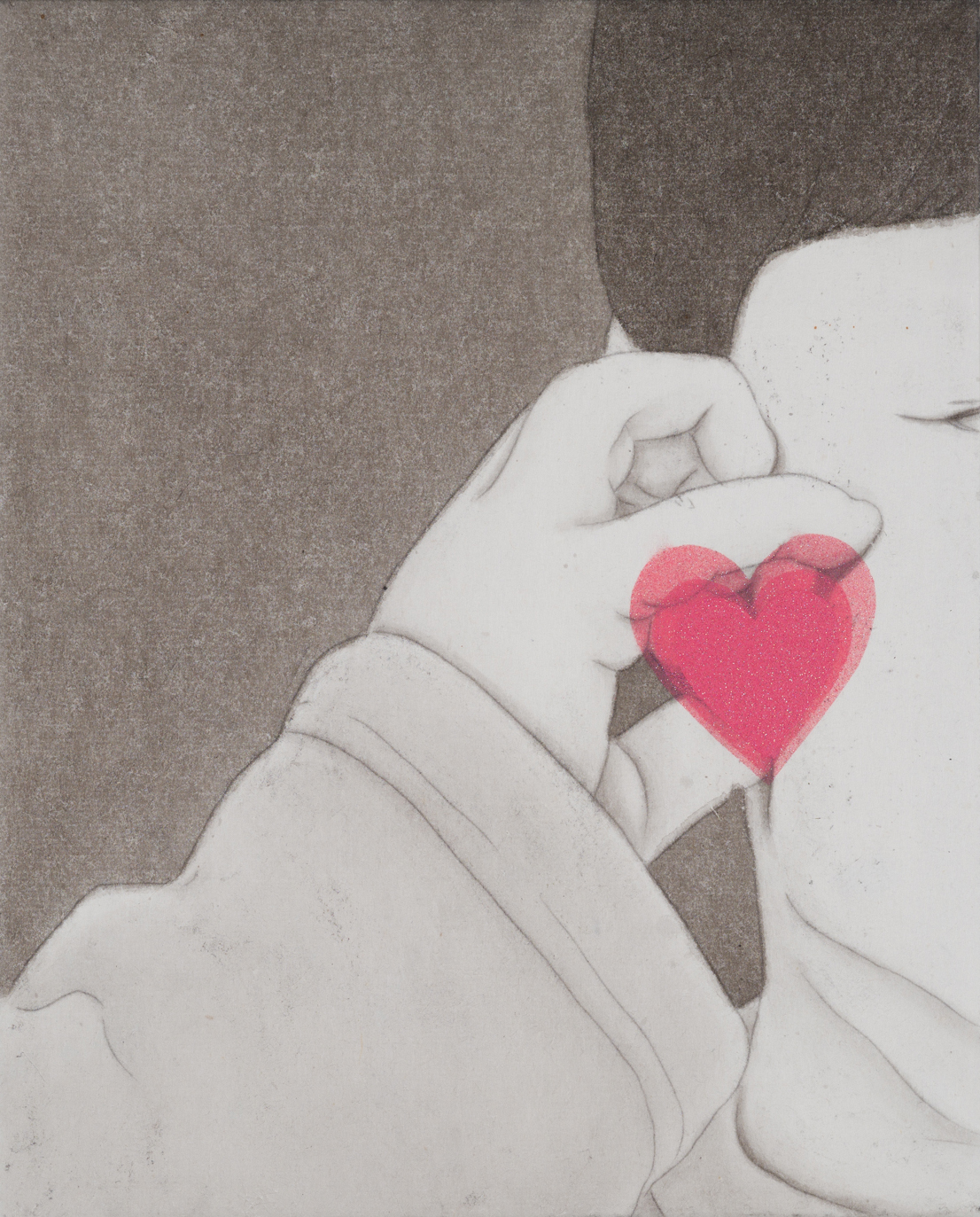 볼하트, 2025, 장지에 먹과 스프레이, 27.3×22cm.